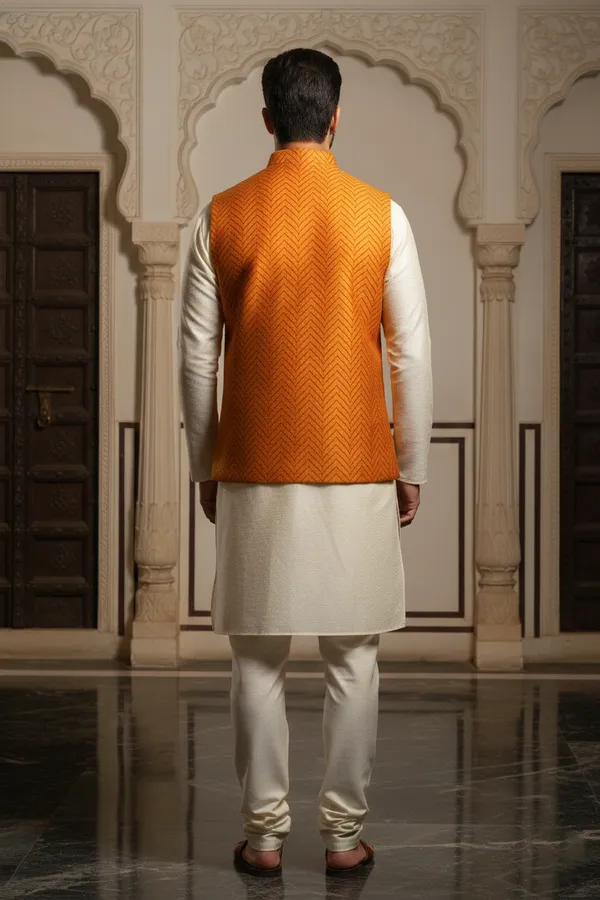 Orange_Premium_Pattern_Poly_Silk_Nehru_Jacket_Kurta_Pajama_Set_For_Men