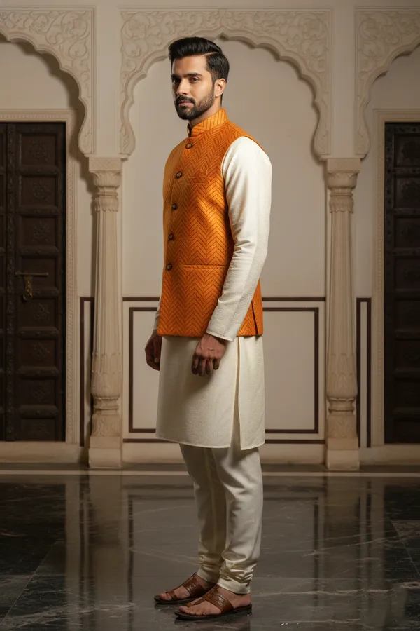 Orange_Premium_Pattern_Poly_Silk_Nehru_Jacket_Kurta_Pajama_Set_For_Men