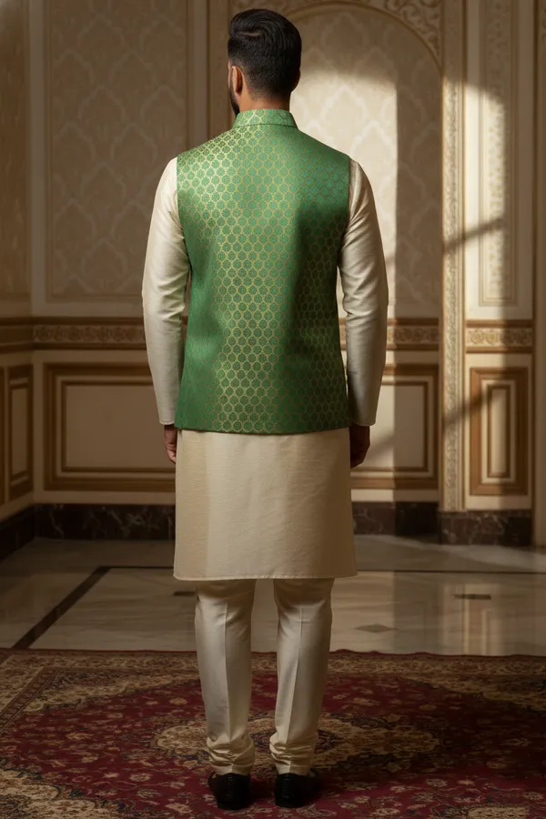 Green_Premium_Pattern_Poly_Silk_Nehru_Jacket_Kurta_Pajama_Set_For_Men