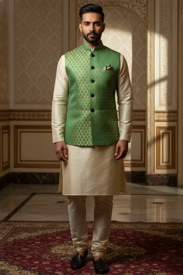 Green_Premium_Pattern_Poly_Silk_Nehru_Jacket_Kurta_Pajama_Set_For_Men