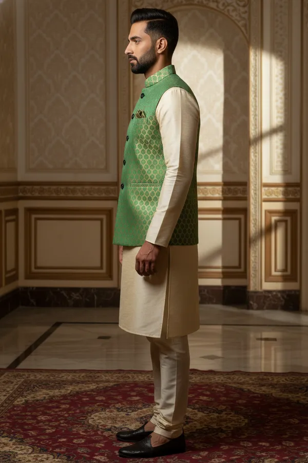 Green_Premium_Pattern_Poly_Silk_Nehru_Jacket_Kurta_Pajama_Set_For_Men