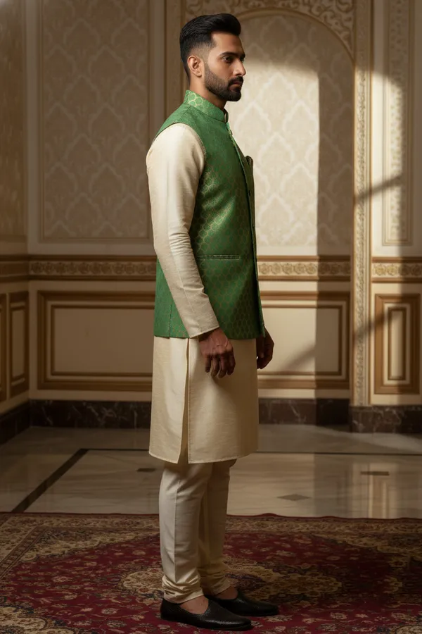 Green_Premium_Pattern_Poly_Silk_Nehru_Jacket_Kurta_Pajama_Set_For_Men