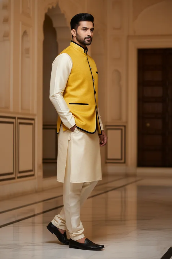 Mustard_Premium_Pattern_Velvet_Nehru_Jacket_Kurta_Pajama_Set_For_Men