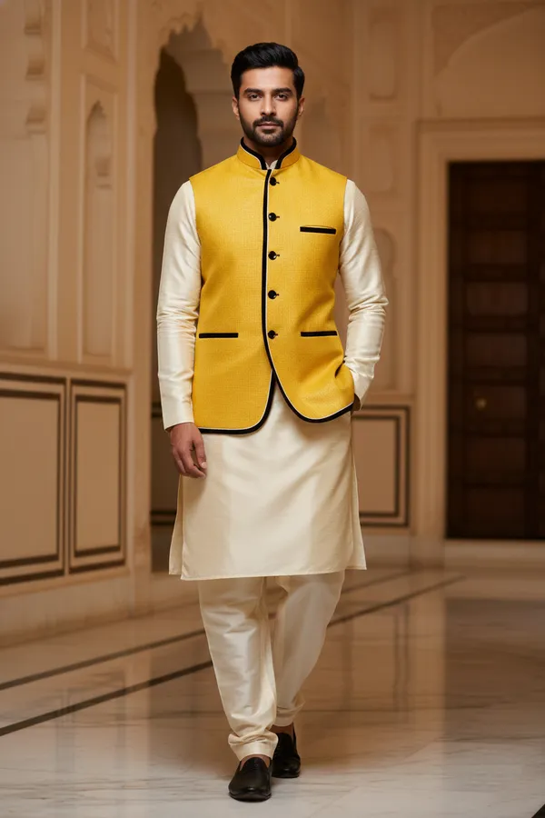 Mustard_Premium_Pattern_Velvet_Nehru_Jacket_Kurta_Pajama_Set_For_Men