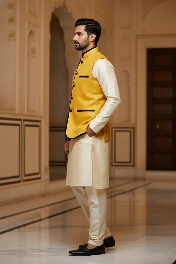 Mustard_Premium_Pattern_Velvet_Nehru_Jacket_Kurta_Pajama_Set_For_Men
