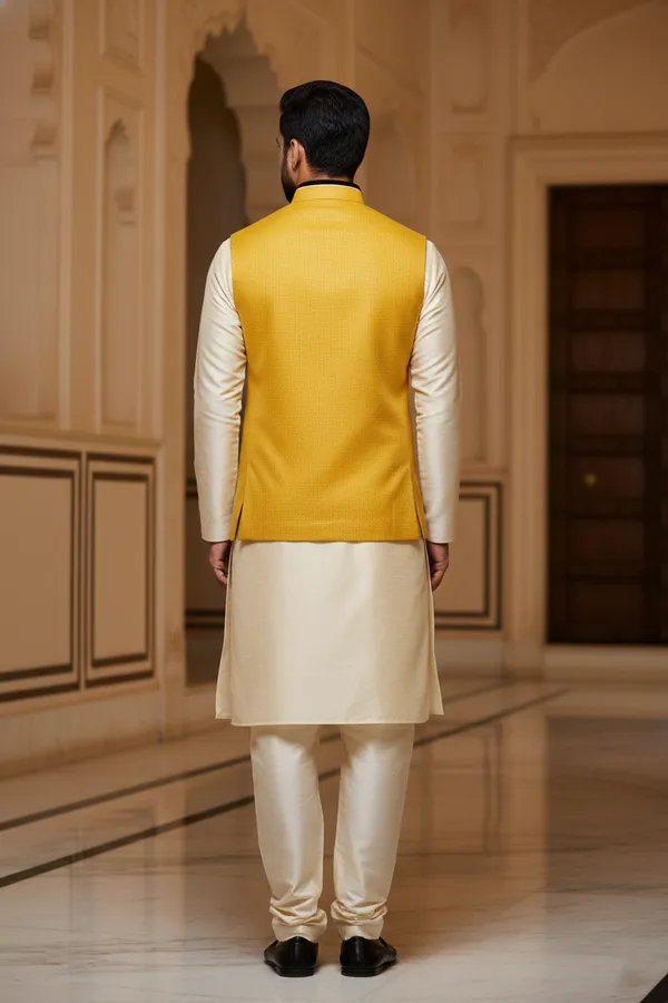 Mustard_Premium_Pattern_Velvet_Nehru_Jacket_Kurta_Pajama_Set_For_Men