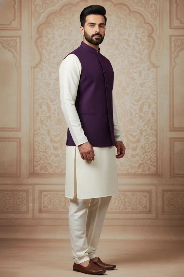 Deep_Purple_Premium_Pattern_Poly_Silk_Nehru_Jacket_Kurta_Pajama_Set_For_Men