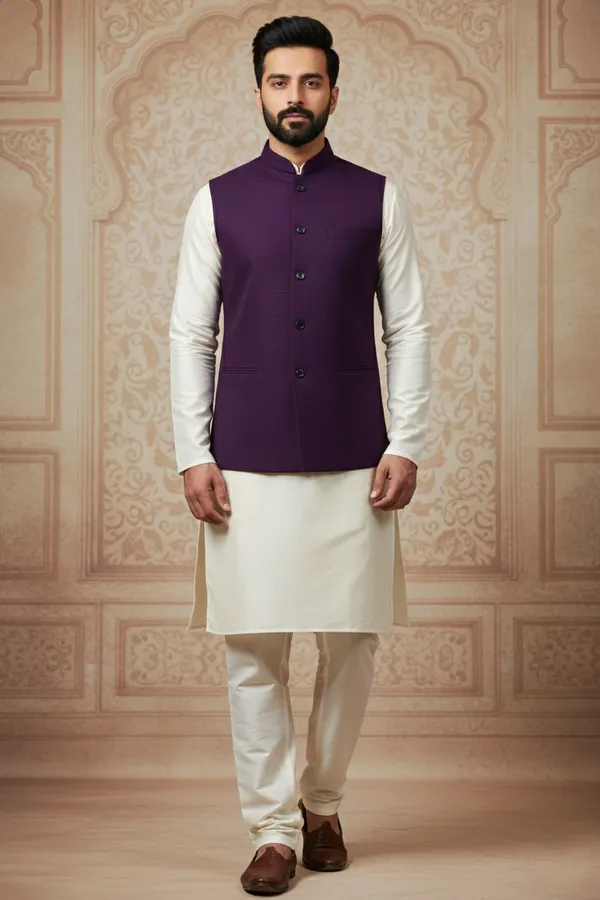 Deep_Purple_Premium_Pattern_Poly_Silk_Nehru_Jacket_Kurta_Pajama_Set_For_Men