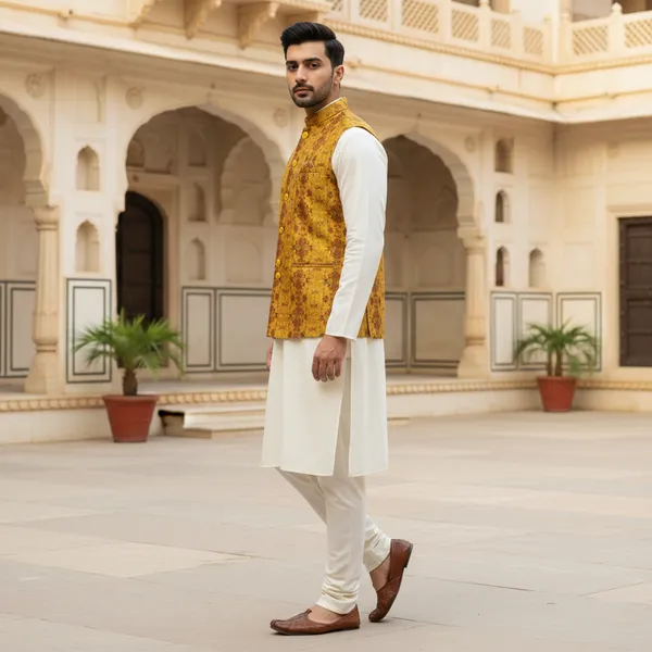 Mustard_Premium_Pattern_Poly_Silk_Nehru_Jacket_Kurta_Pajama_Set_For_Men