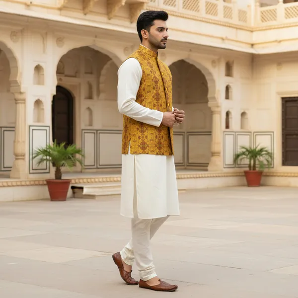 Mustard_Premium_Pattern_Poly_Silk_Nehru_Jacket_Kurta_Pajama_Set_For_Men