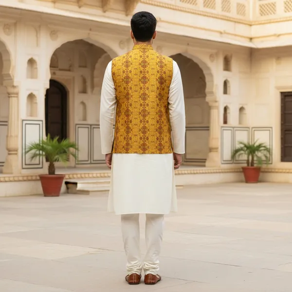 Mustard_Premium_Pattern_Poly_Silk_Nehru_Jacket_Kurta_Pajama_Set_For_Men