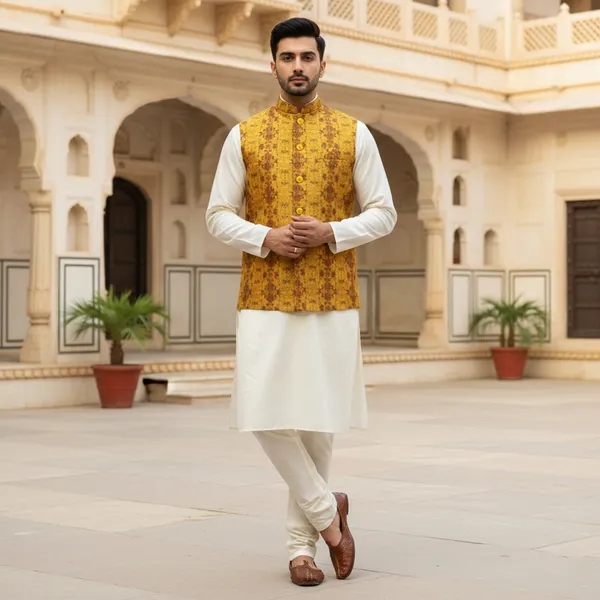 Mustard_Premium_Pattern_Poly_Silk_Nehru_Jacket_Kurta_Pajama_Set_For_Men