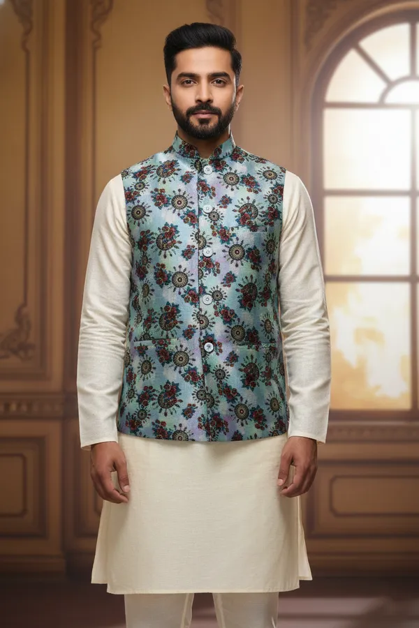 Teal_Premium_Pattern_Poly_Silk_Nehru_Jacket_Kurta_Pajama_Set_For_Men
