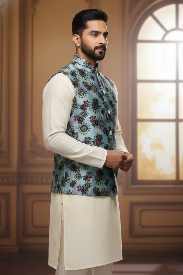 Teal_Premium_Pattern_Poly_Silk_Nehru_Jacket_Kurta_Pajama_Set_For_Men