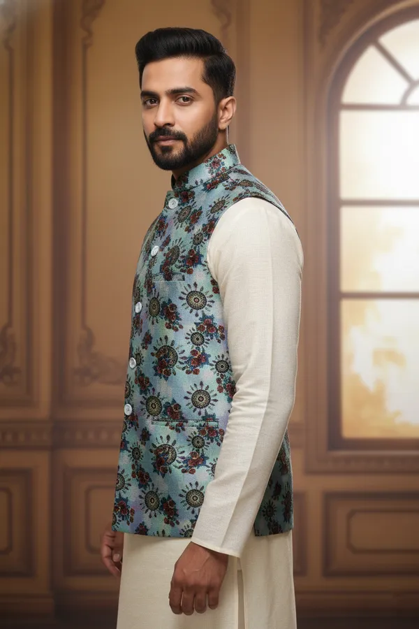 Teal_Premium_Pattern_Poly_Silk_Nehru_Jacket_Kurta_Pajama_Set_For_Men