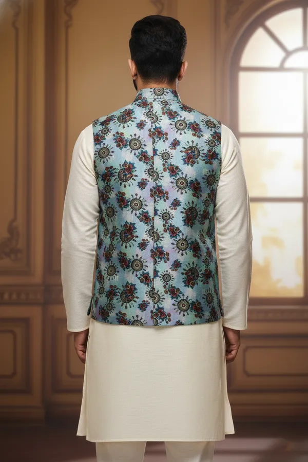 Teal_Premium_Pattern_Poly_Silk_Nehru_Jacket_Kurta_Pajama_Set_For_Men