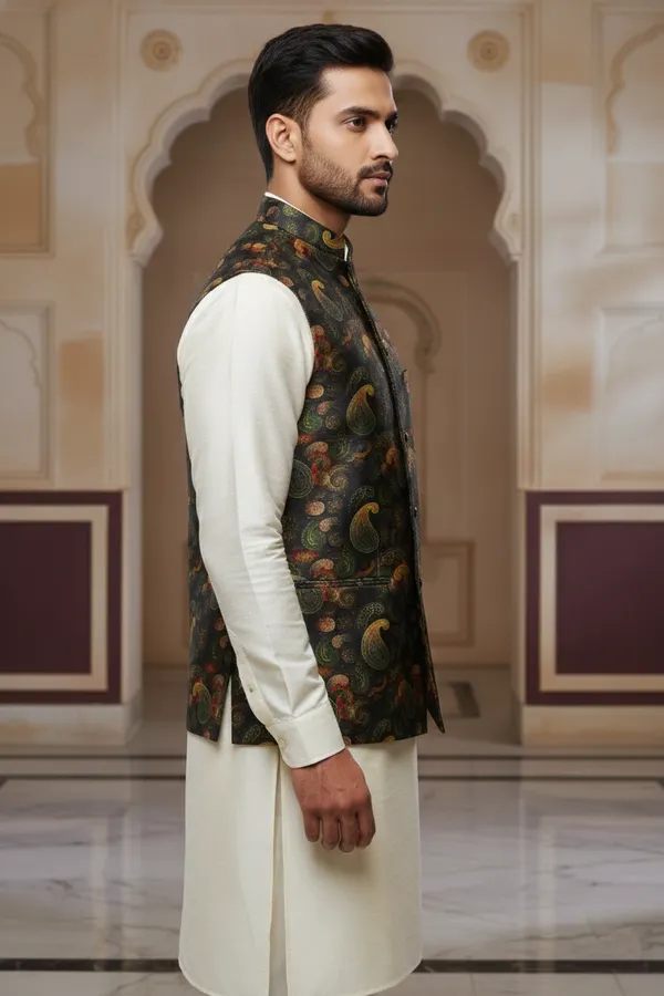 Midnight_Gold_Premium_Pattern_Silk_Blend_Nehru_Jacket_Kurta_Pajama_Set_For_Men