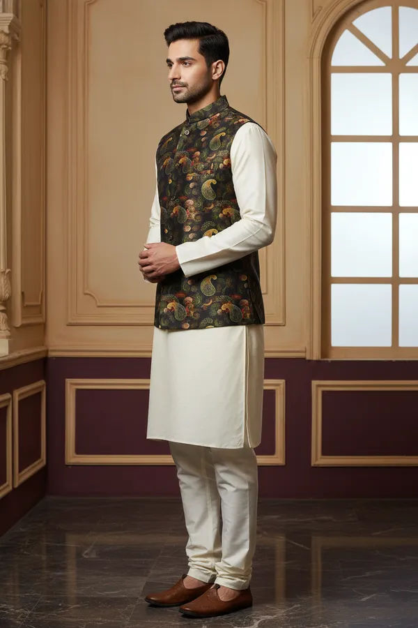 Midnight_Gold_Premium_Pattern_Silk_Blend_Nehru_Jacket_Kurta_Pajama_Set_For_Men