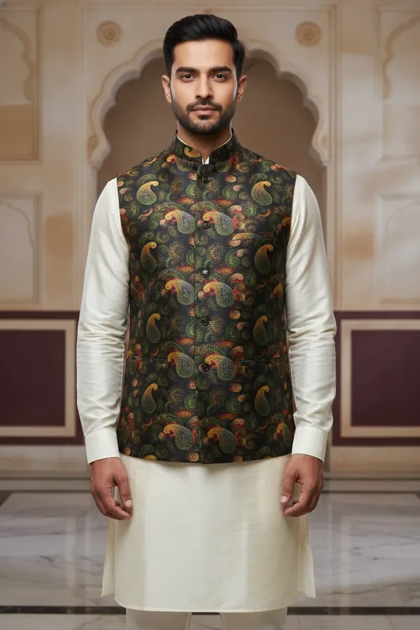 Midnight_Gold_Premium_Pattern_Silk_Blend_Nehru_Jacket_Kurta_Pajama_Set_For_Men
