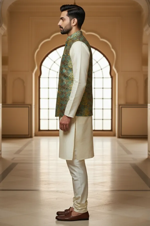 Teal_Premium_Pattern_Poly_Silk_Nehru_Jacket_Kurta_Pajama_Set_For_Men