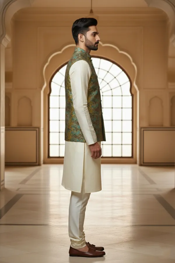 Teal_Premium_Pattern_Poly_Silk_Nehru_Jacket_Kurta_Pajama_Set_For_Men