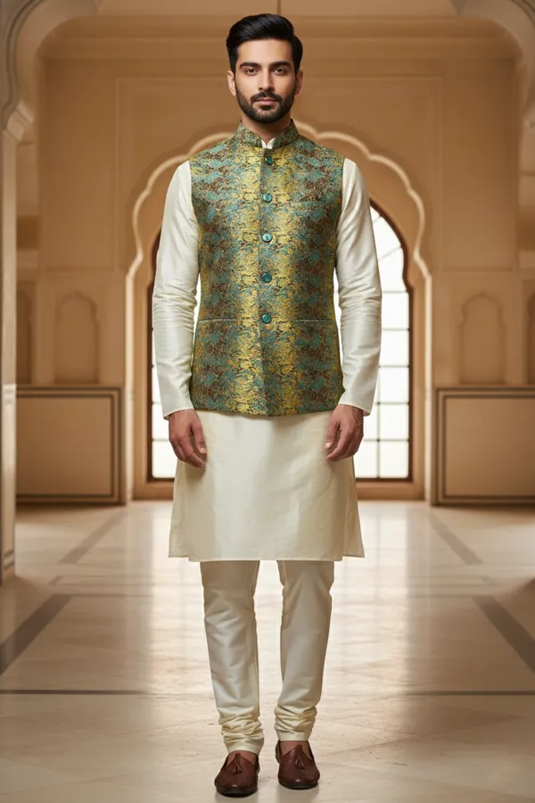 Teal_Premium_Pattern_Poly_Silk_Nehru_Jacket_Kurta_Pajama_Set_For_Men
