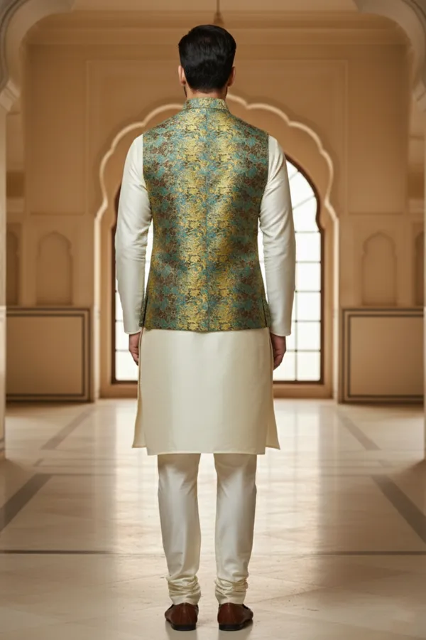 Teal_Premium_Pattern_Poly_Silk_Nehru_Jacket_Kurta_Pajama_Set_For_Men