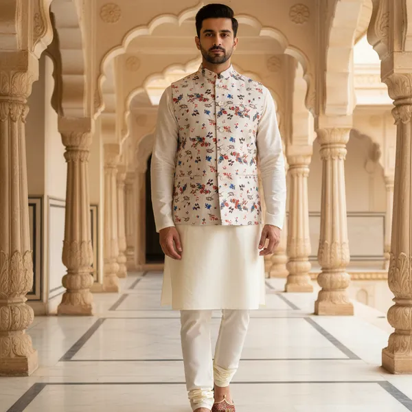 Ivory_Premium_Pattern_Poly_Silk_Nehru_Jacket_Kurta_Pajama_Set_For_Men