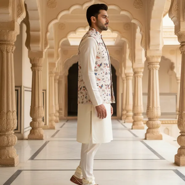 Ivory_Premium_Pattern_Poly_Silk_Nehru_Jacket_Kurta_Pajama_Set_For_Men