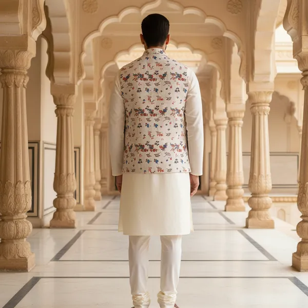 Ivory_Premium_Pattern_Poly_Silk_Nehru_Jacket_Kurta_Pajama_Set_For_Men
