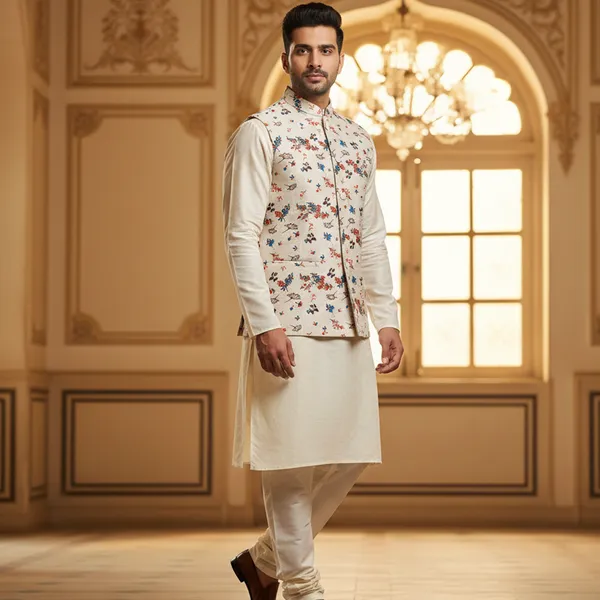 Ivory_Premium_Pattern_Poly_Silk_Nehru_Jacket_Kurta_Pajama_Set_For_Men