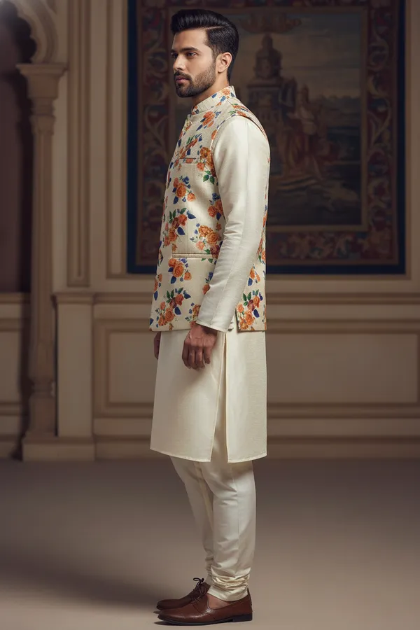 Tropical_Multicolor_Premium_Pattern_Silk_Blend_Nehru_Jacket_Kurta_Pajama_Set_For_Men