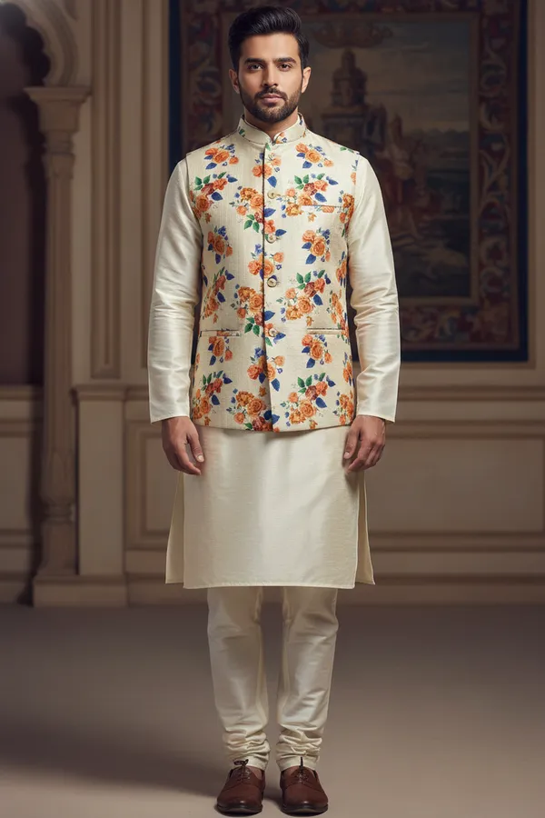 Tropical_Multicolor_Premium_Pattern_Silk_Blend_Nehru_Jacket_Kurta_Pajama_Set_For_Men