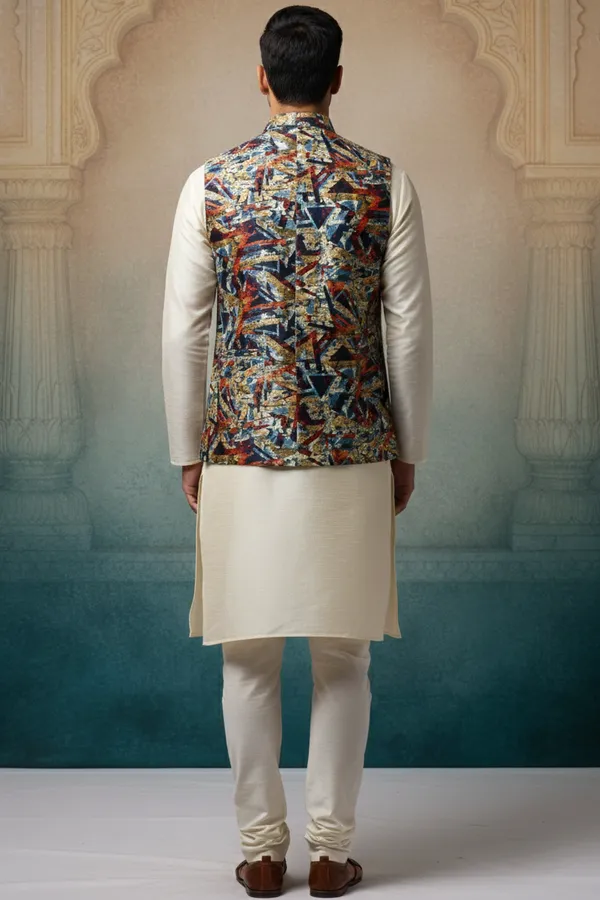 Geometric_Multicolor_Premium_Pattern_Poly_Silk_Nehru_Jacket_Kurta_Pajama_Set_For_Men