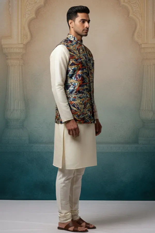 Geometric_Multicolor_Premium_Pattern_Poly_Silk_Nehru_Jacket_Kurta_Pajama_Set_For_Men