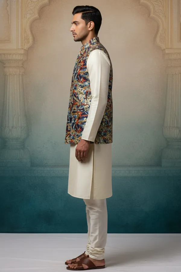 Geometric_Multicolor_Premium_Pattern_Poly_Silk_Nehru_Jacket_Kurta_Pajama_Set_For_Men