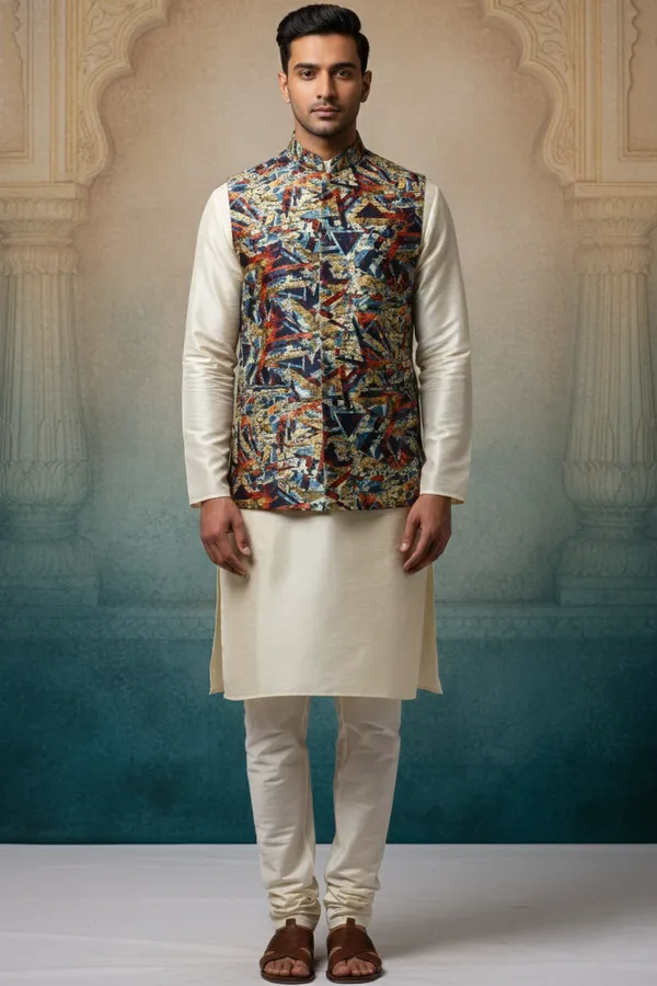 Geometric_Multicolor_Premium_Pattern_Poly_Silk_Nehru_Jacket_Kurta_Pajama_Set_For_Men