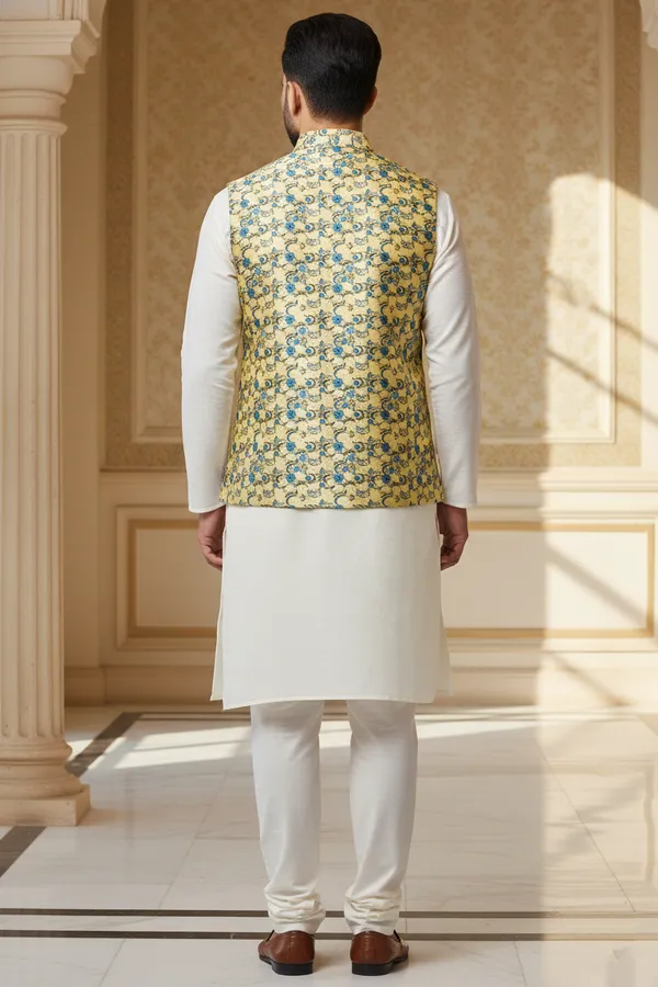 Yellow_Premium_Pattern_Poly_Silk_Nehru_Jacket_Kurta_Pajama_Set_For_Men