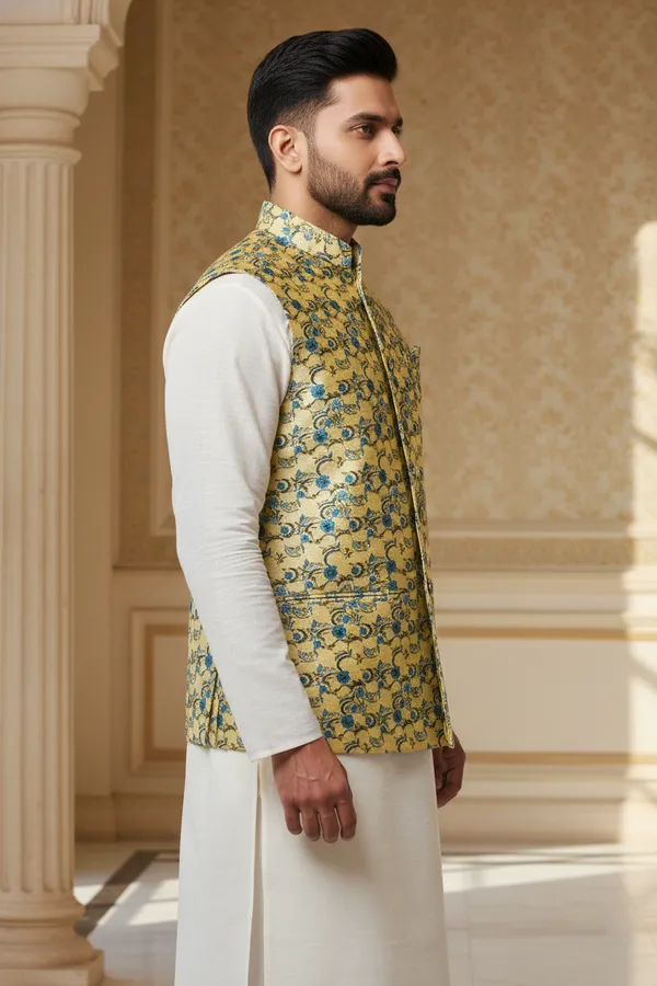Yellow_Premium_Pattern_Poly_Silk_Nehru_Jacket_Kurta_Pajama_Set_For_Men