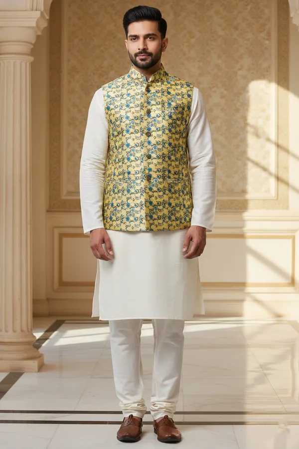 Yellow_Premium_Pattern_Poly_Silk_Nehru_Jacket_Kurta_Pajama_Set_For_Men