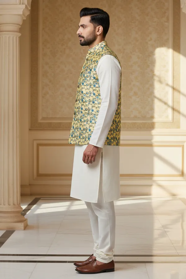 Yellow_Premium_Pattern_Poly_Silk_Nehru_Jacket_Kurta_Pajama_Set_For_Men