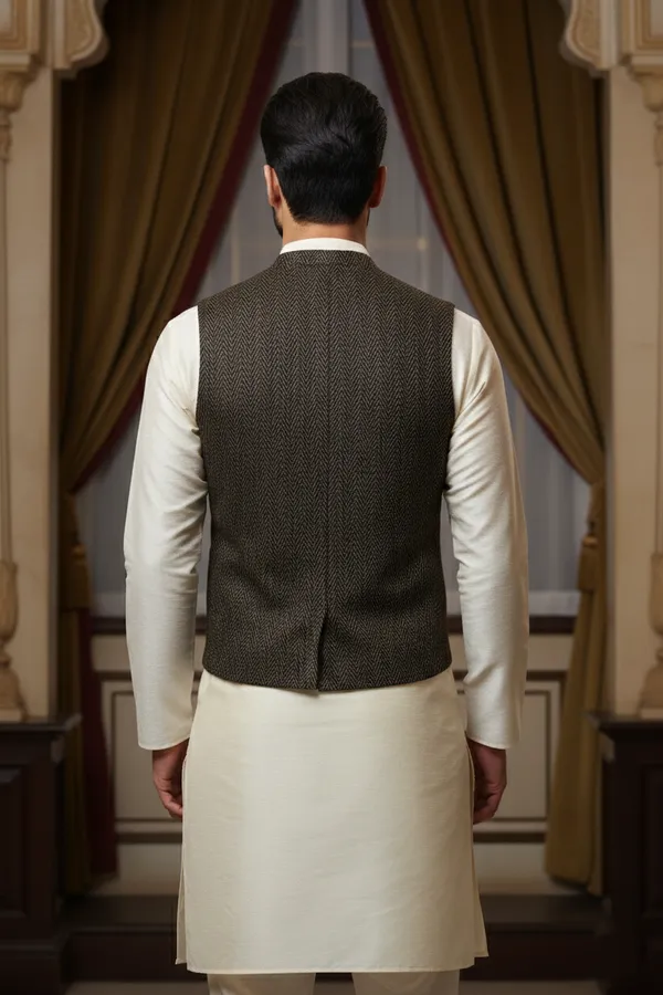 Charcoal_Premium_Pattern_Silk_Blend_Nehru_Jacket_Kurta_Pajama_Set_For_Men