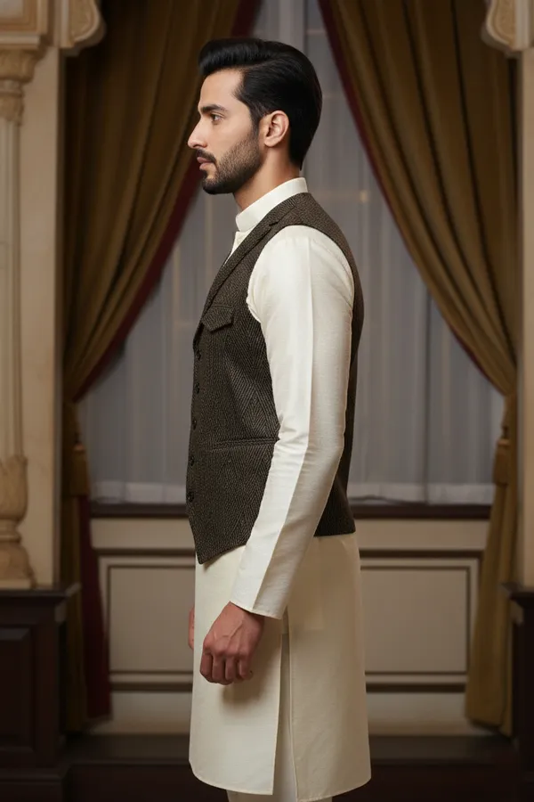 Charcoal_Premium_Pattern_Silk_Blend_Nehru_Jacket_Kurta_Pajama_Set_For_Men