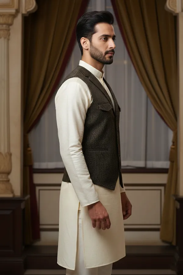 Charcoal_Premium_Pattern_Silk_Blend_Nehru_Jacket_Kurta_Pajama_Set_For_Men