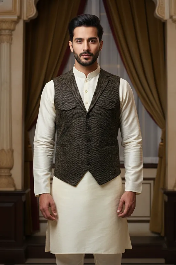 Charcoal_Premium_Pattern_Silk_Blend_Nehru_Jacket_Kurta_Pajama_Set_For_Men