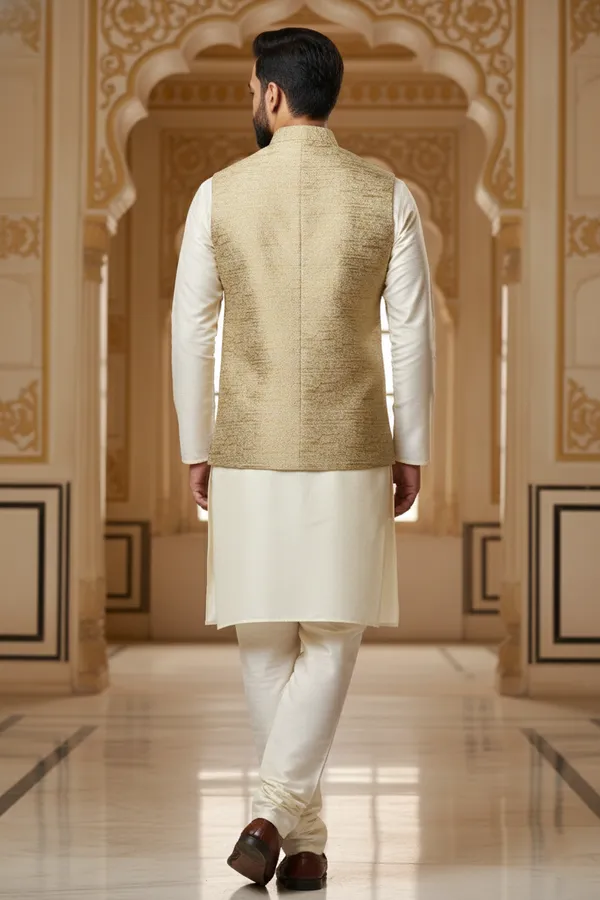 Gold_Beige_Premium_Pattern_Poly_Silk_Nehru_Jacket_Kurta_Pajama_Set_For_Men