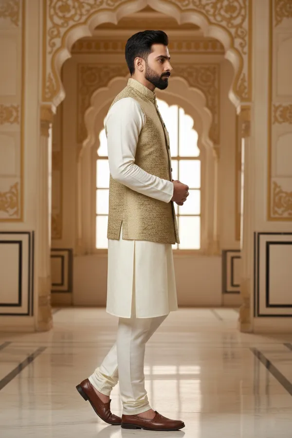 Gold_Beige_Premium_Pattern_Poly_Silk_Nehru_Jacket_Kurta_Pajama_Set_For_Men