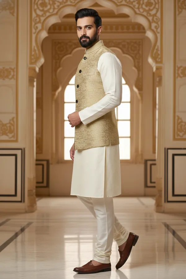 Gold_Beige_Premium_Pattern_Poly_Silk_Nehru_Jacket_Kurta_Pajama_Set_For_Men