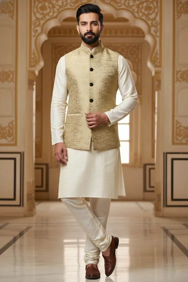 Gold_Beige_Premium_Pattern_Poly_Silk_Nehru_Jacket_Kurta_Pajama_Set_For_Men