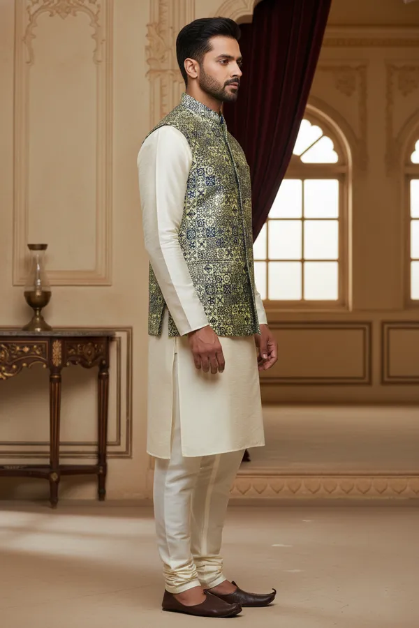 Cerulean_Blue_Premium_Pattern_Poly_Silk_Nehru_Jacket_Kurta_Pajama_Set_For_Men